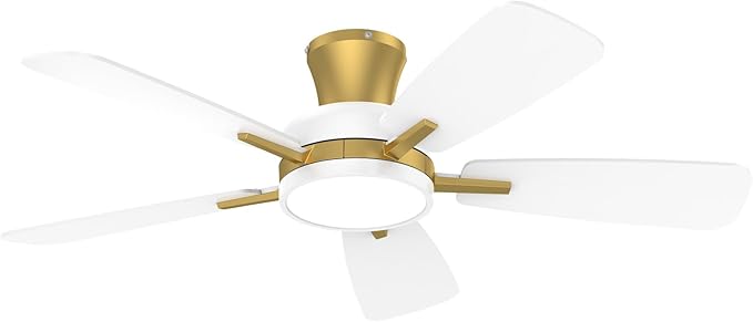 TALOYA Ceiling Fans with Lights and Remote, 46 Inch Low Profile Ceiling Fan with Light, Flush Mount, Reversible, 3CCT, Dimmable Modern Ceiling Fan for Bedroom, Living Room, Outdoor Patio, White Gold