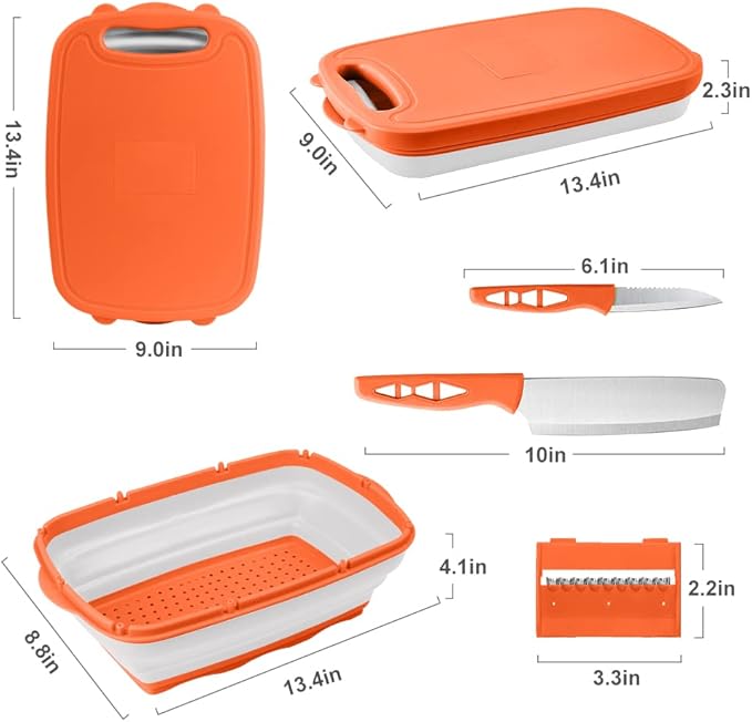 Camping Cutting Board, HI NINGER Collapsible Chopping Board with Colander, 9-In-1 Multi Kitchen Vegetable Washing Basket,Camping Gifts Accessories for RV Campers