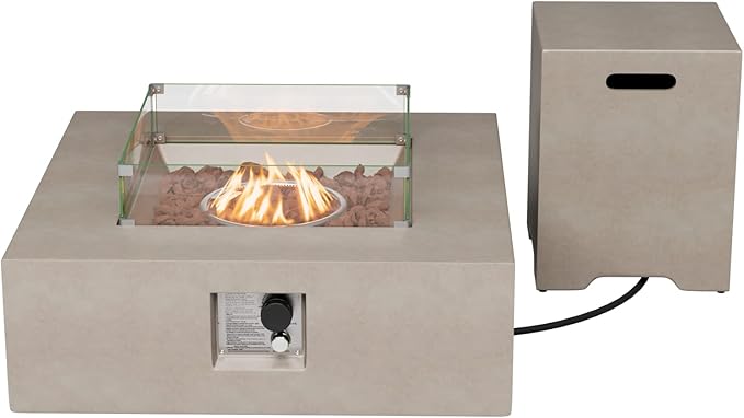 COSIEST 35-inch Square Outdoor Sandstone Propane Fire Pit w Wind Guard and Side Table, CSA Certified, 50,000 BTU Stainless Steel Burner, Free Lava Rocks and Rain Cover, Metal Lid(Gray)