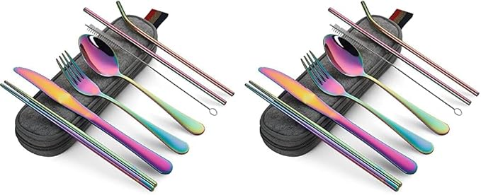 DEVICO Portable Utensils, Travel Camping Cutlery Set, 8-Piece including Knife Fork Spoon Chopsticks Cleaning Brush Straws Portable Case, Stainless Steel Flatware set (Rainbow) (Pack of 2)