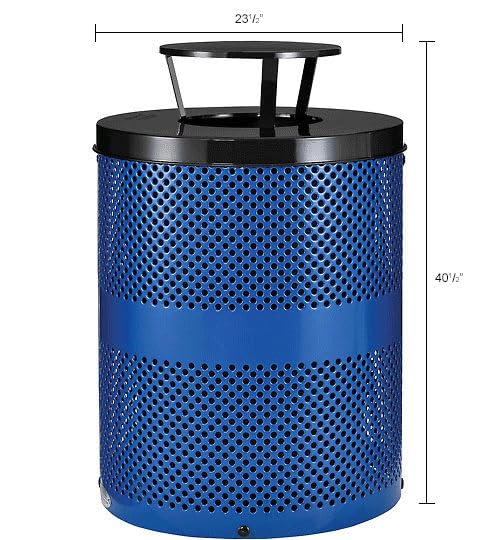 Global Industrial 32 Gallon Outdoor Perforated Steel Round Trash Can with Rain Bonnet Lid, Plastic Liner and Anchor Kit Included, 23-1/2" Diameter x 40-1/2"H, Blue