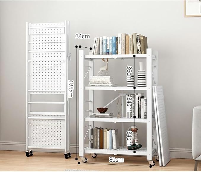 4-Tire Storage Rack, Height Adjustable, 32 * 13 * 50in Foldable Metal Garage Storage Shelves Organizer, Portable Metal Kitchen Shelving, Closet Shelving Unit Bakers Rack (White 4 Shelfs)