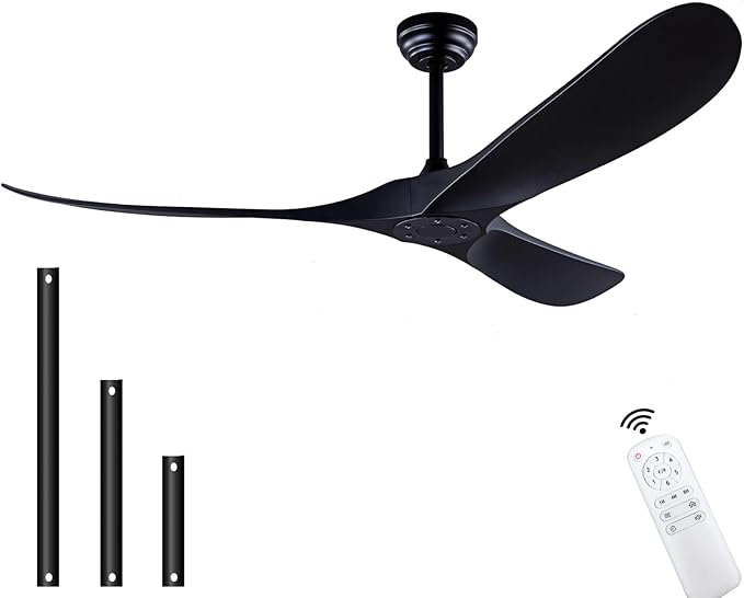 60" Solid Wood Lampless Ceiling Fan, Indoor/Outdoor, Modern, Black, 3 Wood Blades, DC Inverter Motor, Remote Control, 6 Speeds, 145 RPM, 30DB, for Living Room, Bedroom, Office, Farmhouse