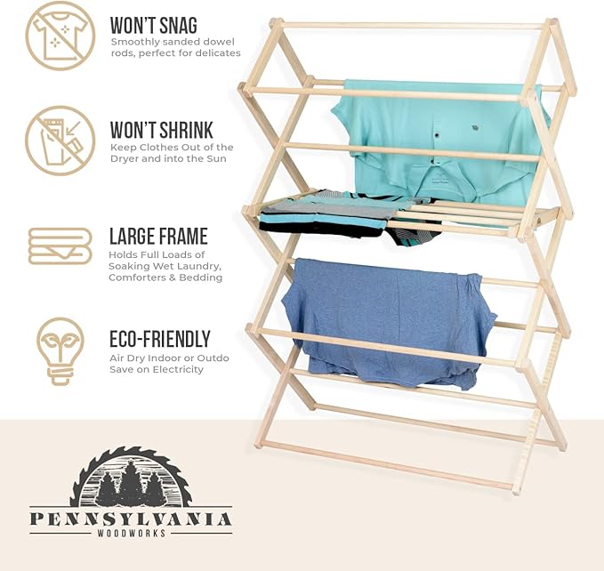 Pennsylvania Woodworks Clothes Drying Rack: Solid Maple Hard Wood Laundry Rack for Sweaters, Blouses, Lingerie & More, Durable Folding Drying Rack, Made in USA, No Assembly Needed, Large