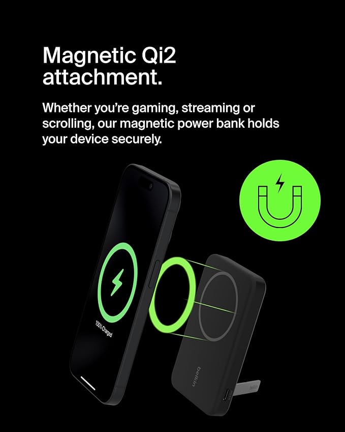 Belkin Portable Charger, Wireless Power Bank 15W 5000mAh w/ Qi2, MagSafe Charger + Built-in Pop-up Kickstand - Compatible w/iPhone 17, Air, Pro, Pro Max, Google Pixel 10, etc. - Black