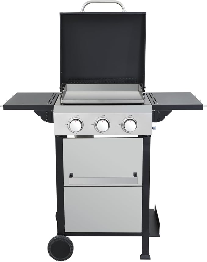 3-Burner Portable Propane Gas Grill with Stainless Steel Plancha Griddle - 36900 BTU Outdoor BBQ Grill with Foldable Side Shelves, Enamel Cooking Grids & Tool Hanging Basket