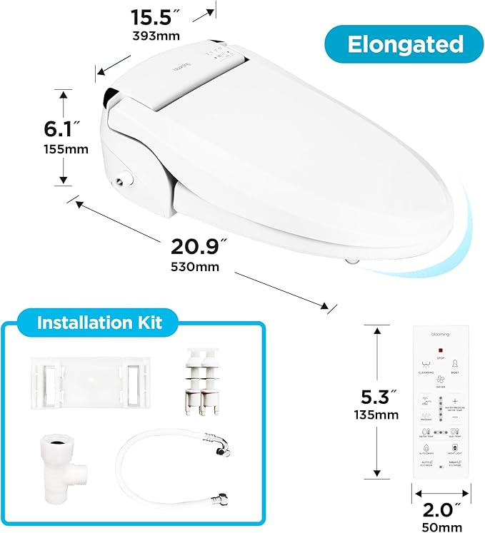Blooming NB-R1060TE Bidet Toilet Seat, Smart Toilet Seat with Dual Nozzle, Warm Water, Dryer, Heated Seat, Ambient Nightlight, Electric Bidet with Remote (White/Elongated)
