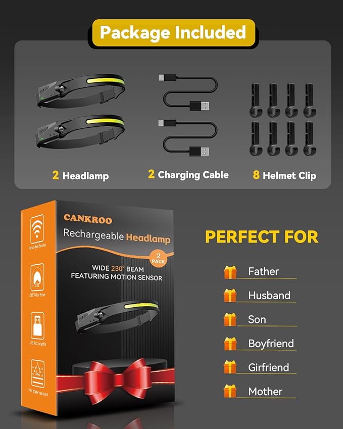 Headlamps Rechargeable with Red Light 2 Pack, 230° Wide Beam Running LED Head Lamp for Adults, Headlights for Head with Motion Sensor, Hard Hat Light Flashlight for Runners, Camping, Hiking, Fishing