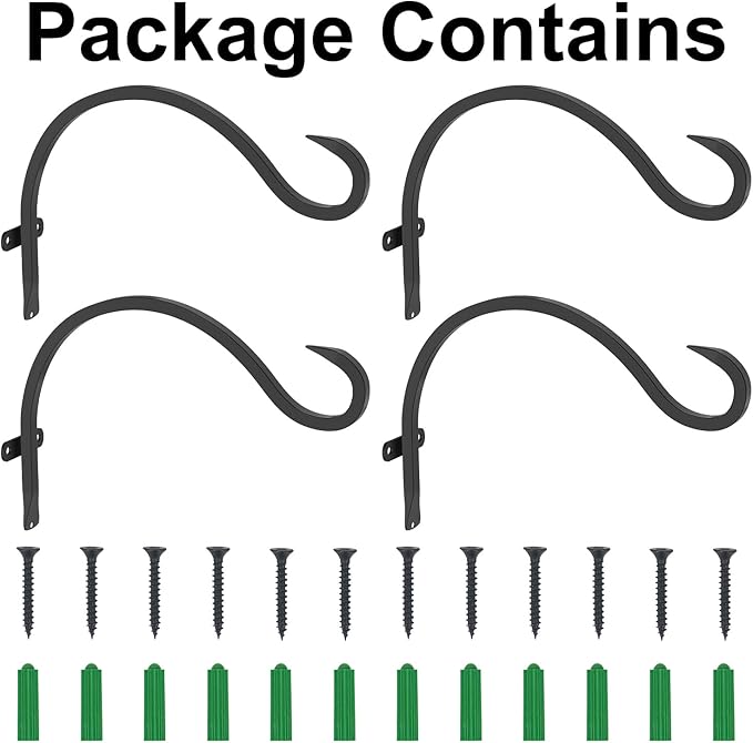 GameXcel Hanging Plant Bracket, 4PCS 12in Large Plant Hangers Outdoor Indoor Heavy-Duty Metal Wall Plant Hooks Plant Hanger with Screws for Home Decor Bird Feeders Lanterns Wind Chimes Decorative