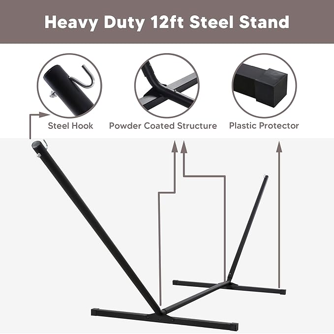 SUNCREAT Double Hammock with Stand Included, Outdoor Portable Hammock with Stand, Light Gray Stripes