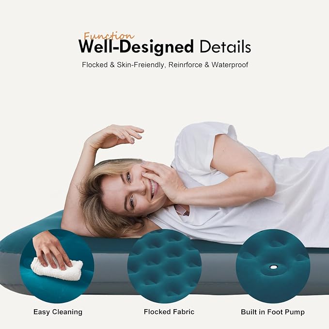 Single Size Camping Air Mattress with Built in Foot Pump, Inflatable Bed Blow Up Mattress Sleeping Pad
