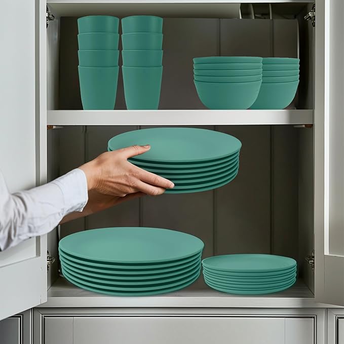 40Pack plates and bowls sets for kids - Unbreakable wheat straw dinnerware sets service for 8 - Alternative plastic 40pcs dish sets for kitchen, camping and indoors dinning - (Green)