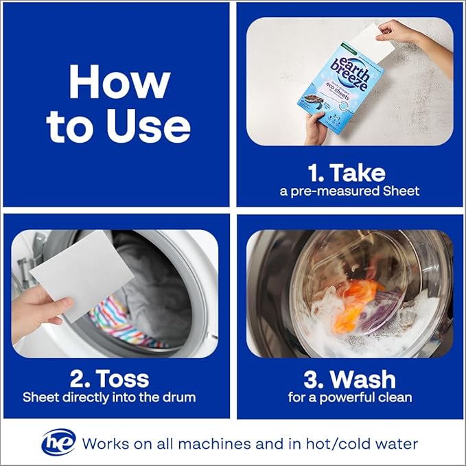 Earth Breeze Laundry Detergent Sheets Fresh Scent - 180 Loads Eco Liquidless Soap - Travel-Friendly for Hot & Cold Cycles, Tackles Tough Stains & Odors - Gentle on Skin, 90 Ct (3 Pack)