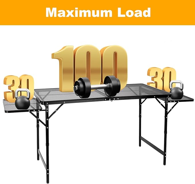 Grill Table Folding Table with 2 Wing Panels 4FT+1.77 FT with Mesh Desktop 3 Height Adjustable Portable Grill for Outdoor Indoor Beach BBQ Picnic Travel RV Black 69.3 x 23.62 inch