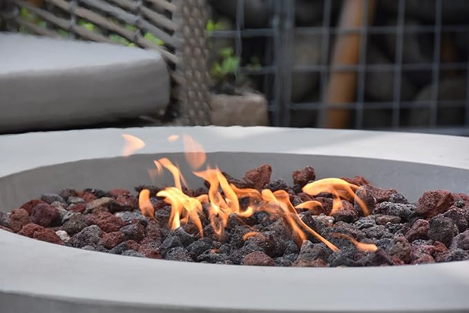 Elementi Lunar Bowl Fire Pit Bundle Outdoor Firepit Set Includes 42” Natural Gas Concrete Firepit Bowl, Glass Windscreen, Stainless Steel Cover, Canvas Cover, Lava Rocks