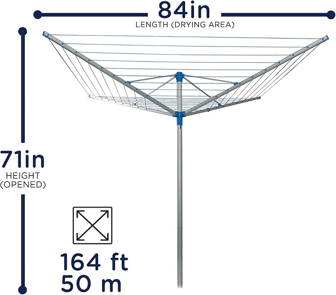 164 FT Umbrella Clothesline Outdoor - Clothes Line Outdoors Aluminum Frame with Ground Socket - Clotheslines for Outside Laundry Drying, Washing Line for Hanging Clothes, Sheets etc.