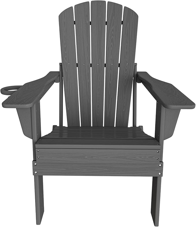 Folding Adirondack Chair, SGS Tested, Wooden Textured with Cup Holder, Heavy All-Weather HDPE Comfortable Set Poolside Backyard Lawn Grey Set 2