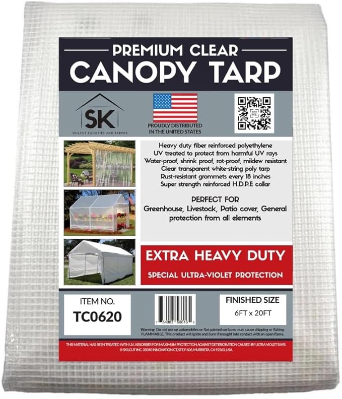 16 Mil Clear Poly Heavy Duty Tarp with Fiber Reinforcement - True Size Tarps with UV Protection, Tear Resistance, Flexibility, Reinforced Corners 6x20