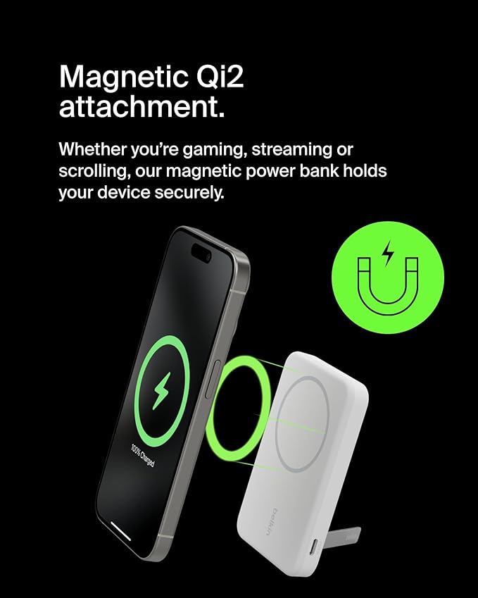 Belkin Portable Charger, Wireless Power Bank 15W 5000 mAh w/ Qi2 - MagSafe Charger w/Built-in Pop-up Kickstand - Compatible w/iPhone 17, Air, Pro, Pro Max, Google Pixel 10, etc. - White