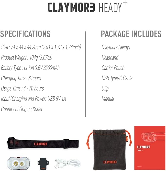 Claymore Heady+ (Black) - Rechargeable LED Headlamp Flashlight, Lightweight for Camping, Running, Hiking, Emergency & Industrial Use. Waterproof, USB-C Charging, Up to 70 Hours Battery Life.