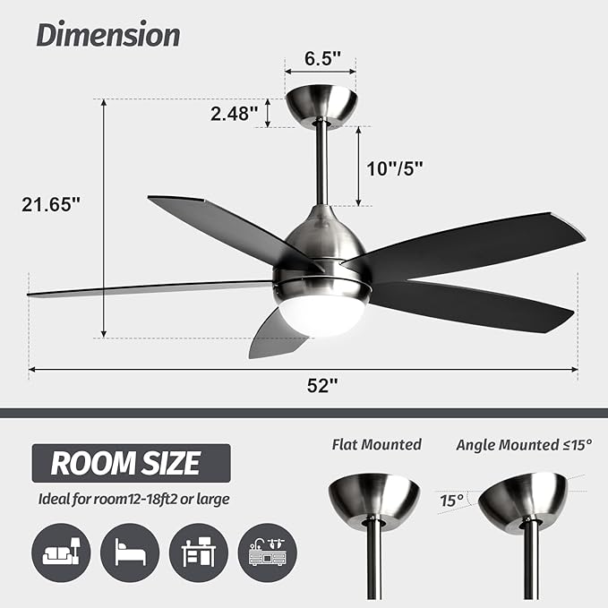 Brushed Nickel Ceiling Fan with Lights,52 Inch Ceiling Fans,6 Speeds,3 Color,Quiet DC Motor,Ceiling Fan with Remote Control for Bedroom Living Room Patio Kitchen
