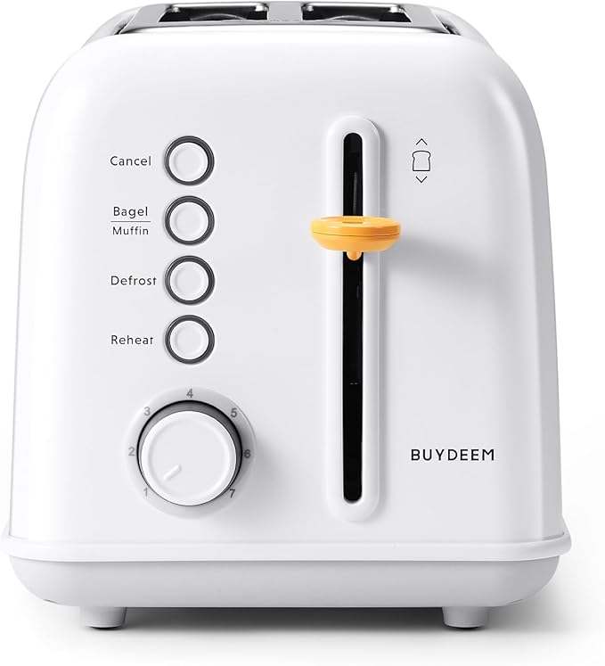 BUYDEEM DT620 2-Slice Toaster, Extra Wide Slots, Retro Stainless Steel with High Lift Lever, Bagel and Muffin Function, Removal Crumb Tray, 7-Shade Settings,Arctic White