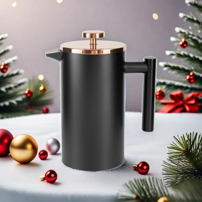 Black French Press Stainless Steel 34oz, Double Wall Insulated Coffee Press 1L for travel camping with 2 Extra Filter Screens and 1 Coffee Spoon(8cup 1000ml)