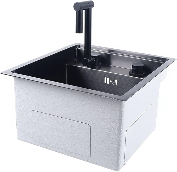 15-inch Hidden RV Kitchen Bar Sink with Folding Faucet, Cover, Drain Pipe and Strainer Full Set, Small Stainless Steel Prep Sink for Workstation, RV, Kitchen and Bar(Black)