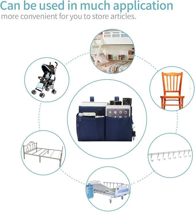 Bunk Bed Organizer, Bedside Caddy Hanging Bed Organizer Storage Bag with 4 Pockets and 2 Hooks, for College Dorm Rooms Bed, Hospital Bed, Baby Bed Rails, 600D Oxford Cloth (Navy Blue)