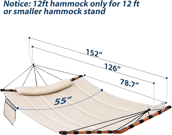 TegerDeger 12FT 2 Person Hammock Large Hammock 450LB Capacity with V Shaped Hardwood Spreader Bar & Nylon Rope for Outside, Patio, Garden, Backyard, Beach, Poolside - Beige