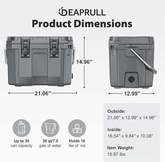 Hard Cooler, Insulated Ice Chest Box Holds Ice for More Days, Portable Cooler with Handle, Cup Holders, Double Latches for Camping Drink, Beach, Picnic, Fishing, Boat, Barbecue