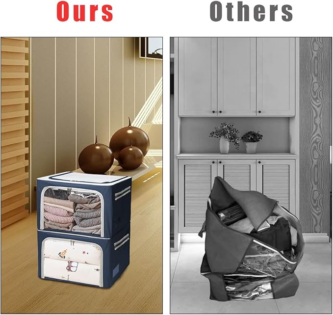 Clothes Storage Box Bins Stackable Foldable Organizer,Sturdy Handles with Metal Frame for Clothing Bedding Shelves,Closet Container with Clear Window Zipper and Label Holder (Navy, 40L x3 Pack)
