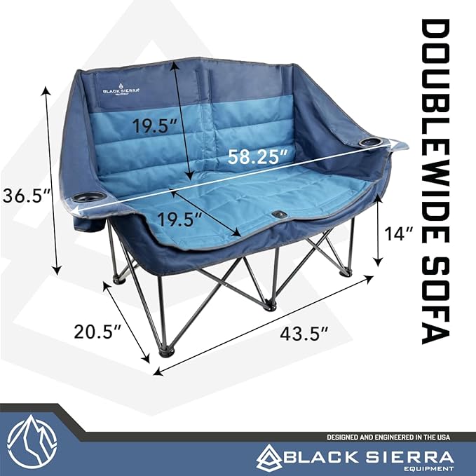 Black Sierra Double Padded Folding Camping Chair, Oversized Folding Camp Sofa, Portable Outdoor Loveseat Supports 500 lbs, Perfect for Beach, Tailgating, RV, Sports, Patio