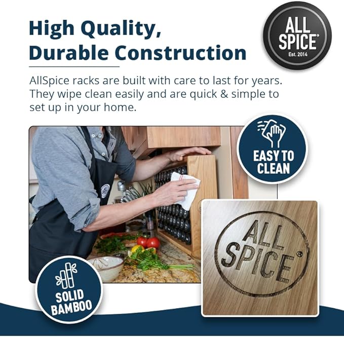 AllSpice Spice Rack Organizer, Wood, 525 Unique Labels, Countertop or Wall Mount, Includes 30 4oz Jars- Cherry Stain