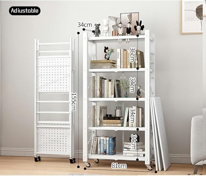 4-Tire Storage Rack, Height Adjustable, 32 * 13 * 61in Foldable Metal Garage Storage Shelves Organizer, Portable Metal Kitchen Shelving, Closet Shelving Unit Bakers Rack (White 5 Shelfs)