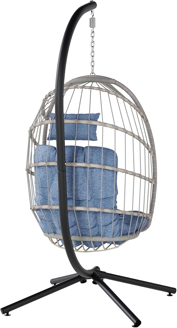 SWITTE Egg Chair Outdoor with Stand, Indoor Wicker Hanging Egg Swing Chair with Cushion, 350lbs Capacity for Patio, Bedroom, Garden - Light Blue