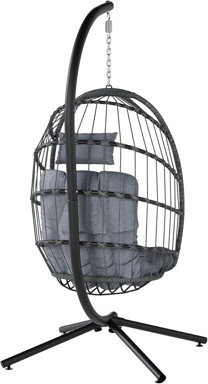 SWITTE Egg Chair Outdoor with Stand, Indoor Wicker Hanging Egg Swing Chair with Cushion, 350lbs Capacity for Patio, Bedroom, Garden - Light Grey