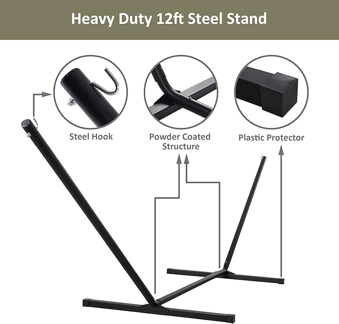 SUNCREAT Cotton Rope Hammock for Two People with Hardwood Spreader Bars, Quilted Fabric Pad & Detachable Pillow, Extra Large Hammock with 12 FT Steel Stand, Ipad Bag & Cup Holder, Green&Beige