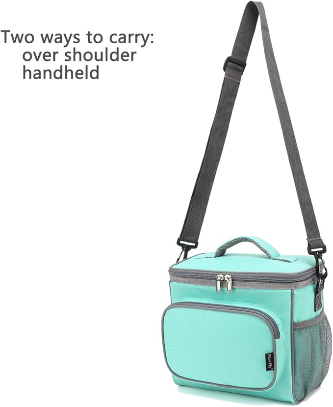 FlowFly Insulated Reusable Lunch Bag Adult Large Lunch Box for Women and Men with Adjustable Shoulder Strap,Front Zipper Pocket and Dual Large Mesh Side Pockets,Jade