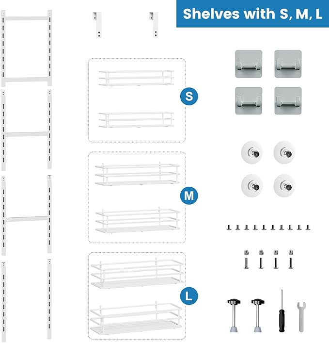 Adjustable 6-Tier Over the Door Pantry Organizer, Spice Rack, Narrow Hanging Shelf for Kitchen Storage and Organization (White)