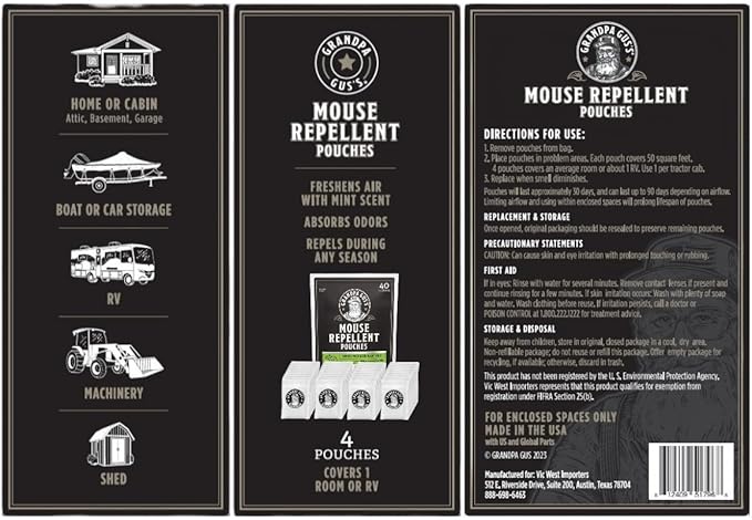 Grandpa Gus's Natural Mouse Repellent Pouches, Cinnamon/Peppermint Oils Repel Mice from Nesting & Freshen Air in Home/Cabin/Boat/Car/Storage/RV/Machinery/Shed, 1.75 Oz (40 Pouches)