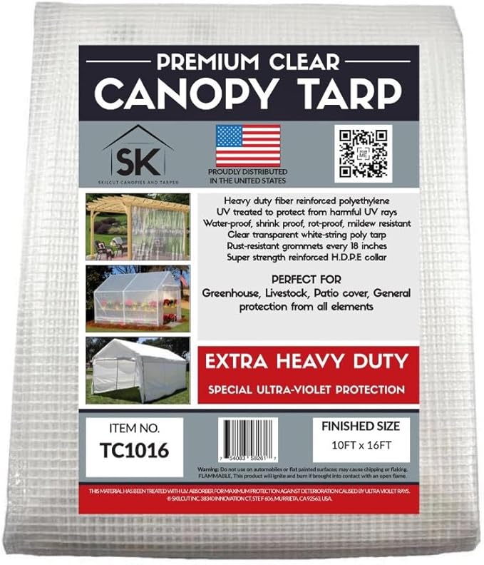 16 Mil Clear Poly Heavy Duty Tarp with Fiber Reinforcement - True Size Tarps with UV Protection, Tear Resistance, Flexibility, Reinforced Corners 10x16