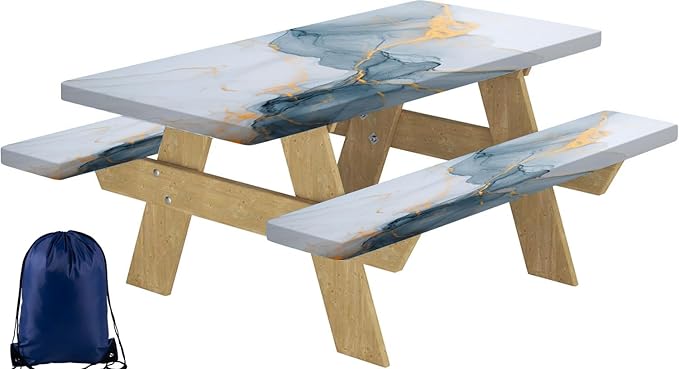 CAPSCEOLL Picnic Table Cover with Bench Covers Waterproof Camping Tablecloth All-Weather Outdoor Table Protector with Drawstring Bag for Camping Essentials, 72X30in, Grey White