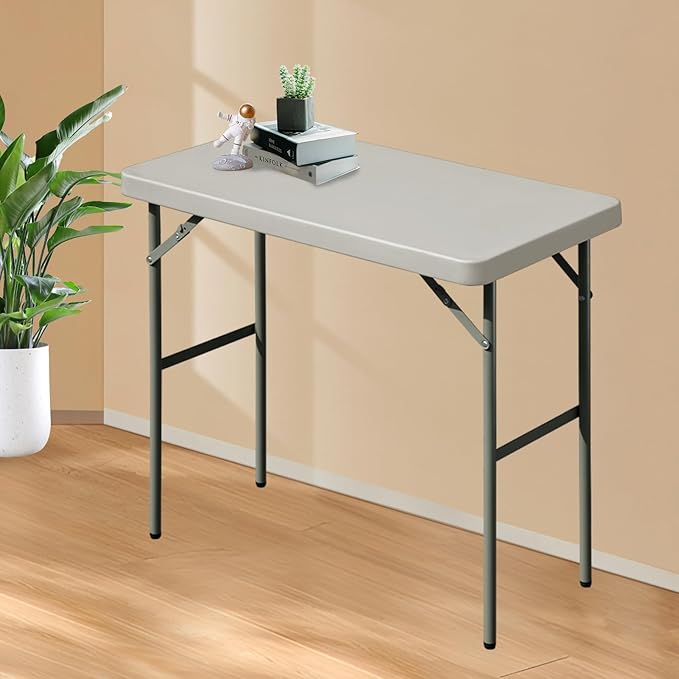 Folding Table 2.7ft Rectangular All-Occasion Plastic Folding Event Table for Indoor and Outdoor, Portable Desk, Camping, Durable and Stable, HDPE and Steel, Wide Application, Grey