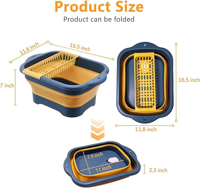 11L(2.91 Gallon) Collapsible Dish Basin with Drain Plug, Space Saving Outdoor Multiuse Foldable Sink Tub, Dishpan, Portable Kitchen Storage Tray for Vegetable Washing, Camping, RV (Yellow)