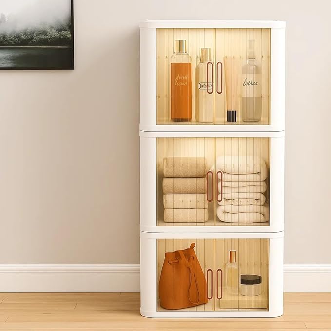 Closet Mounted Storage and Organization Systems Storage Bins with Lids and Rolling Doors Stackable Plastic Pantry Cabinet Cupboard Storage Cabinet with Sliding Door Wheels White,Large