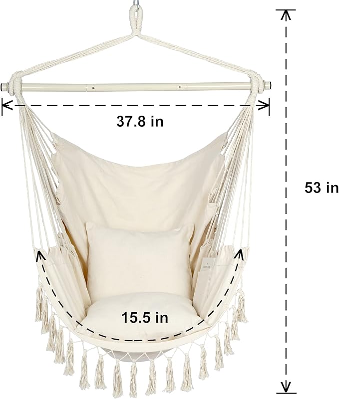Y- STOP Hammock Chair Hanging Rope Swing, Max 500 Lbs, 2 Cushions Included, Large Macrame Hanging Chair with Pocket for Superior Comfort, with Hardware Kit (Beige)