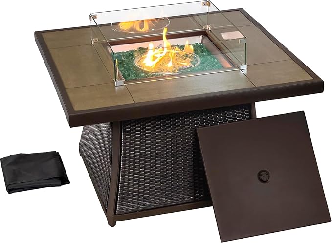 42" Propane Fire Pit Table, Patio Dining Fire Pit Table, 50,000BTU CSA Certified, Tile, Aluminum, & Wicker Details, with Lid&Wind Guard, Outdoor Fire Pit Accessories Included, for Garden, Yard