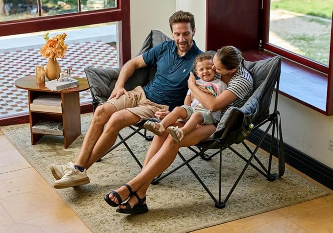 EVER ADVANCED Extra Large Double Camping Chair for Adults, Family Size Padded Folding Camping Love Seat Bench with Side Pocket Portable Camping Couch, Two Person Heavy Duty Folding Outdoor Chair