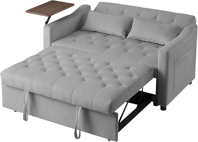 53.15" Convertible Sleeper Sofa Bed with Swivel Table, Adjustable Backrest & Side Pocket, Pull-Out Velvet Loveseat Futon for Small Spaces, Easy Assembly, 3-in-1 Couch Bed for Living Room
